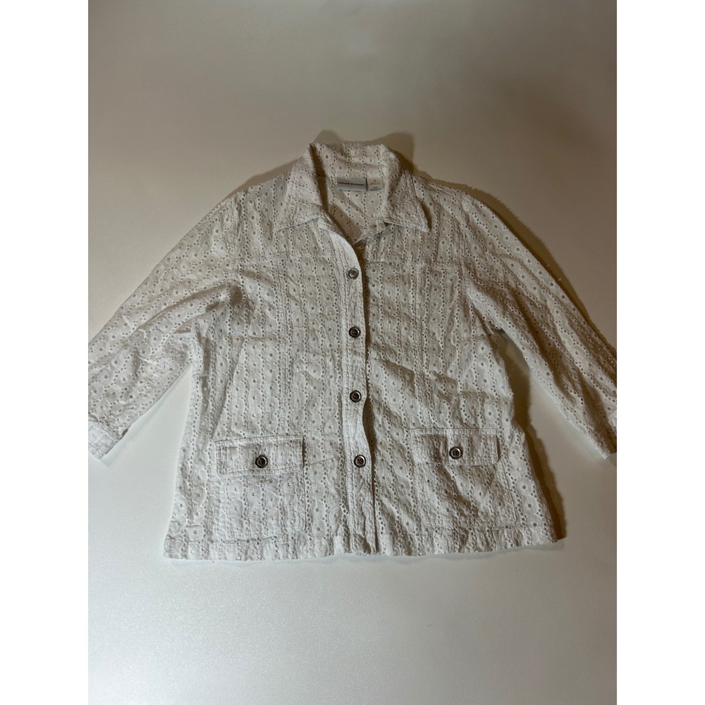 Alfred Dunner Eyelet Jacket Womens 12 White Excellent 100% Cotton 3/4 Sleeve